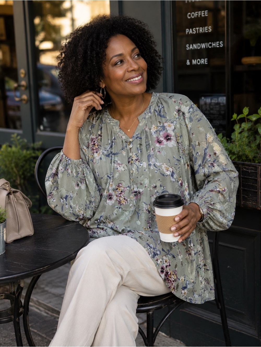 Floral Ruffle V-Neck Blouse in Sage Green